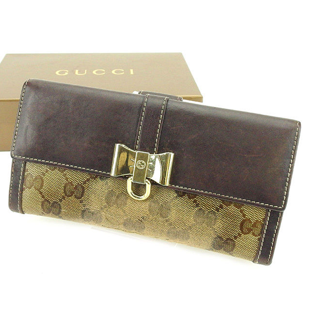 Wホック財布 長財布 二つ折り財布 財布 クリスタルGG ブラウン ゴールド 中古