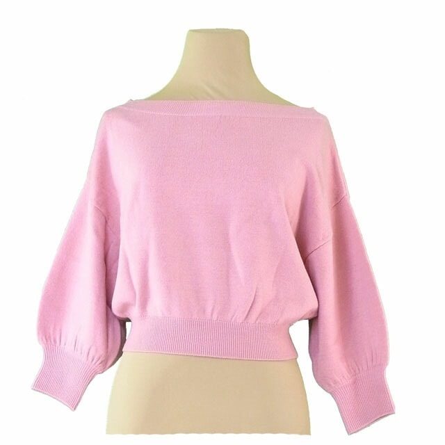 ニット ショート丈 セーター パフスリーブ ボートネック ピンク 中古