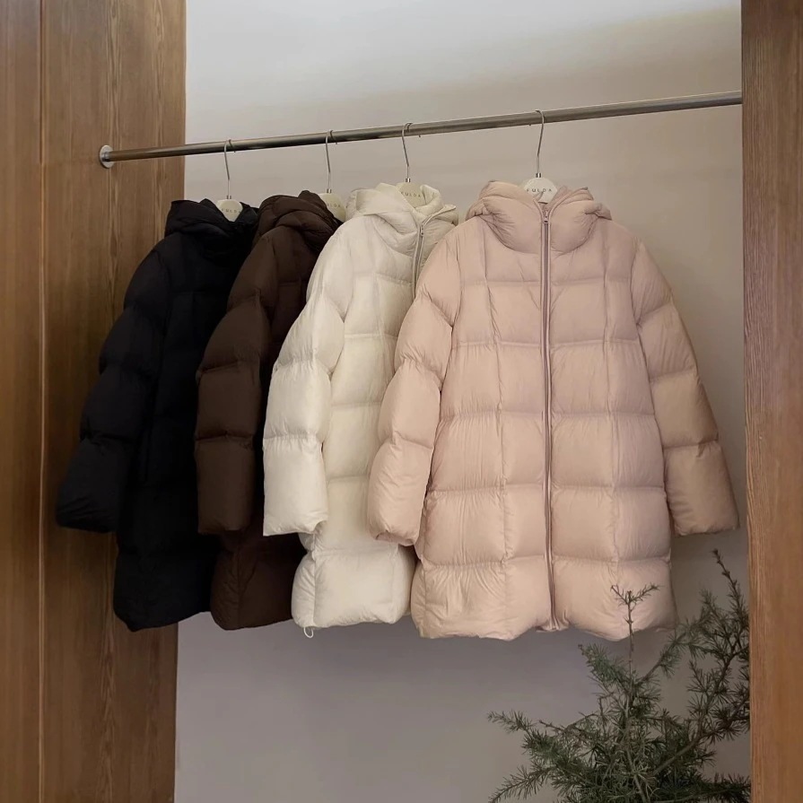 5 パフ90 ホワイトダックダウン 増厚コート フード付き シンプル ミドル丈 ダウンジャケット 冬 F111713