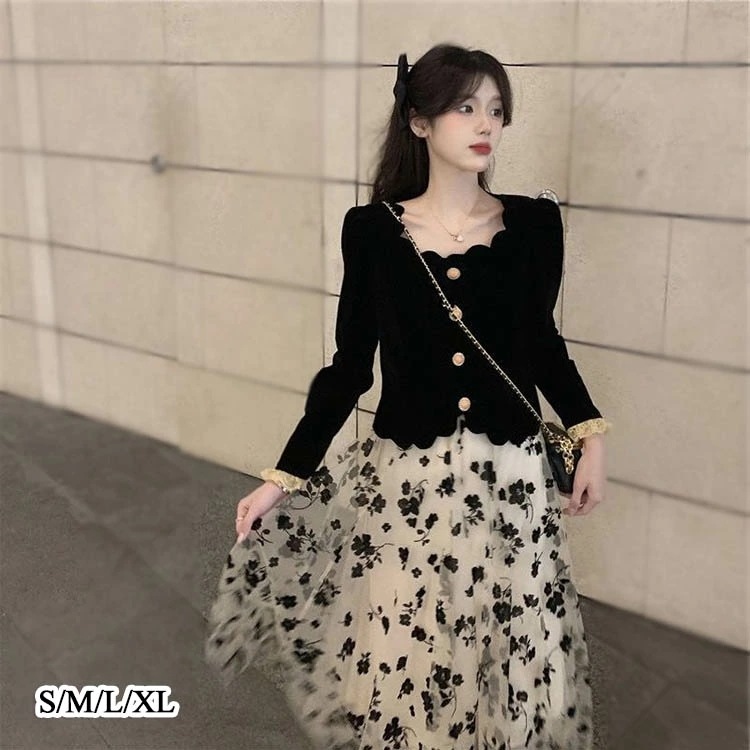 【 新作】ニットセットアップ 花柄スカート トップス ボトムス レディース 長袖 秋 冬 ロング丈 マキシ丈 ニットトップス フリル おしゃれ きれいめ 可愛い