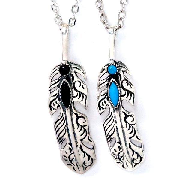 インディアンジュエリー ペンダント ネックレス フェザー ブレイク 羽 天然石 ターコイズ オニキス ツタ メンズ シルバー925 ブルー/ブラック