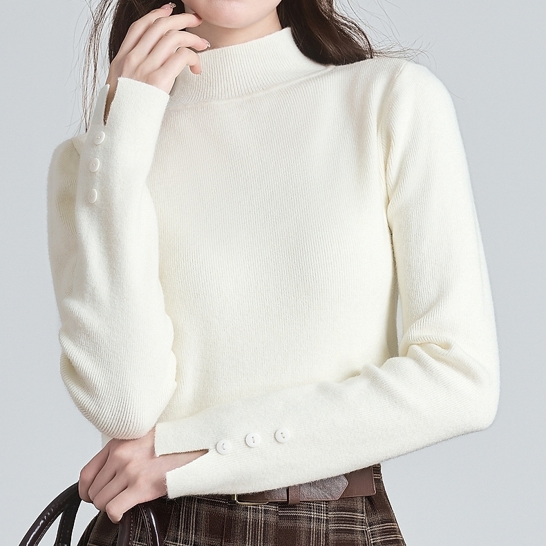 トップス ニットソー 長袖 ハイネック プルオーバー ミディアム丈 袖ボタン 可愛い かわいい 大人可愛い きれいめ シンプル 上品 レトロ おしゃれ かっこいい カジュアル こなれ感 個性的 主役級
