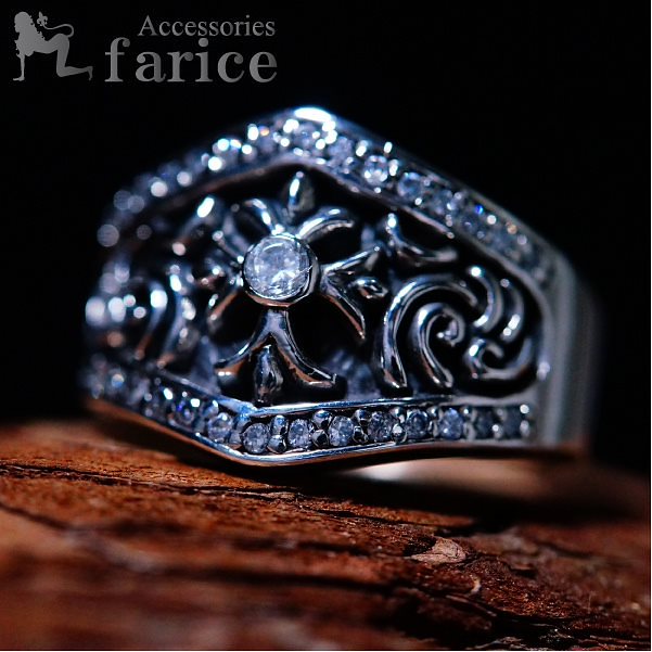 キュービックジルコニアラインストーン&象形模様アラベスククロスレリーフシルバーリング