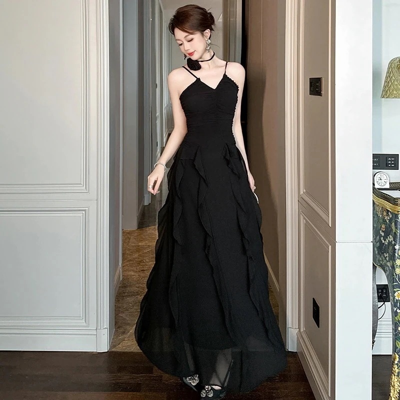 【mianbaoshu】 2025夏新品 Vネック バックレス フリル 着痩せ ロング シフォン キャミワンピース ドレス パーティー キャバ 大人 同窓会 披露宴 卒業式 結婚式 演奏会 ウェディン