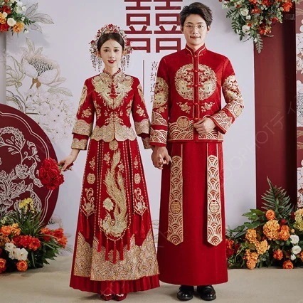 チャイナドレス ロング丈 マキシ丈 チャイナ ドレス 中国風結婚式秀禾服 花嫁ドレス 七分袖 改良中華ドレス 敬酒服 ワインレッド 金色な刺繍 中国風ウェディングドレス-50