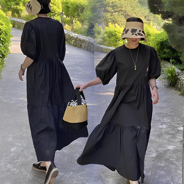 レディース ワンピース ドレス ロング パフスリーブ ラウンドネック ワイド フレア Aライン プリーツステッチ ギャザー 綿 大人可愛い シンプル 上品 エレガント 清潔感 オフィスカジュアル