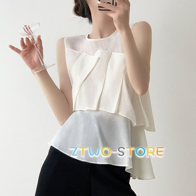 カットソー ノースリーブ トップス 春 夏 ノースリーブ シャツ 白 無地 シンプル カジュアル ラウンドネック フリル タンクトップ 韓国ファッション