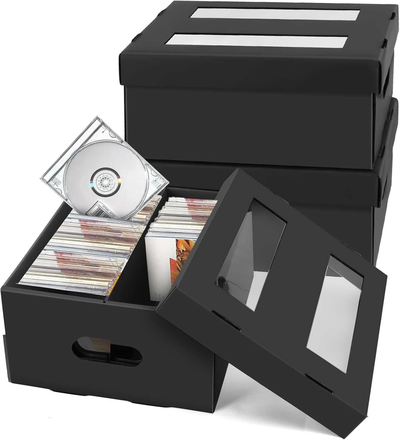 CD収納ボックス 3セット CDケースホルダー 2コンパートメント 透明PVCウィンドウ蓋付き スリム DVDケース収納 CDケース60枚/スリムCD120枚/CDスリーブ330枚ディスク収納可能