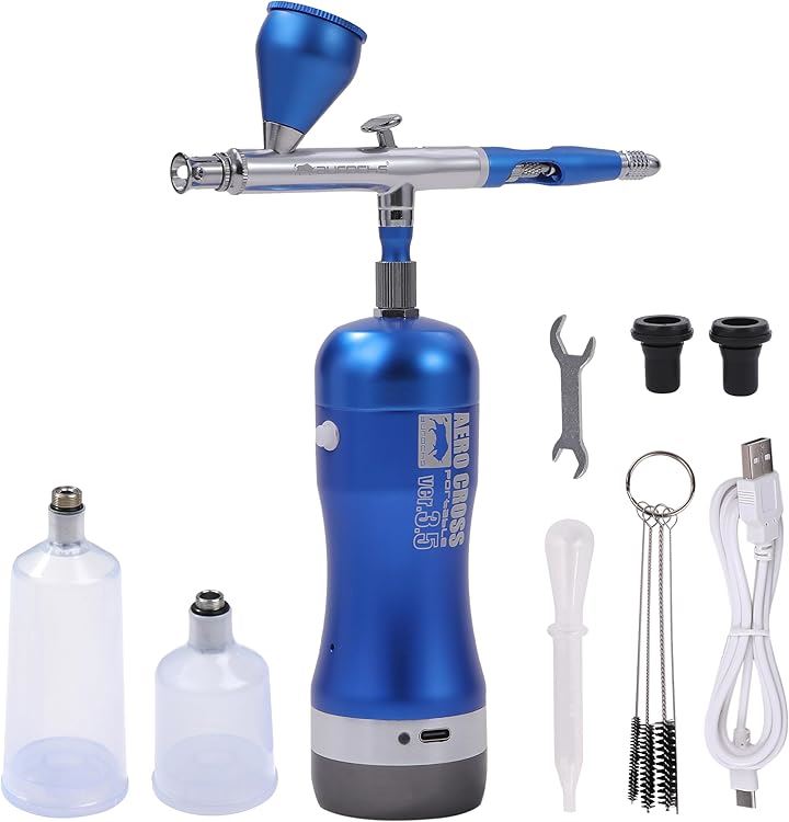 充電式 エアブラシ エアロクロス コードレス ハンドピース コンプレッサー USB type-C 小型 プラモ 模型 塗装 アート ペイント(メタリックブルー, ダブルアクション)