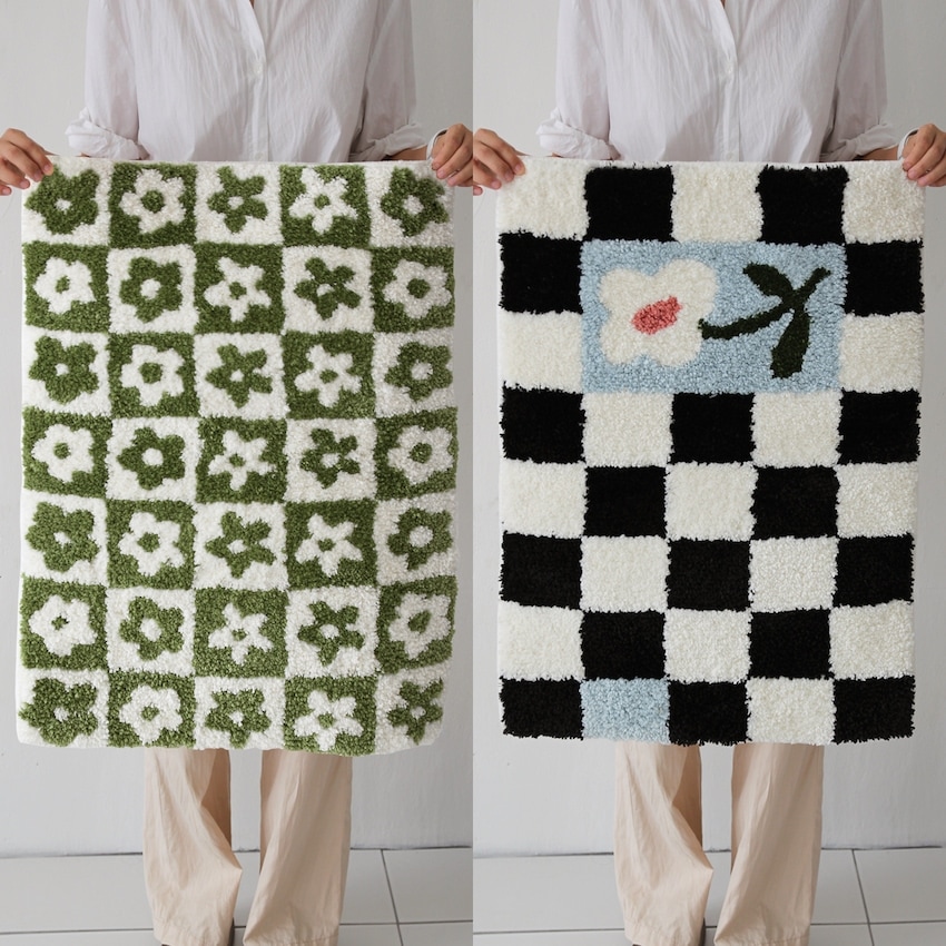 フラワーチェックプレミアムタフティングユニークミニラグバスルーム発売マット