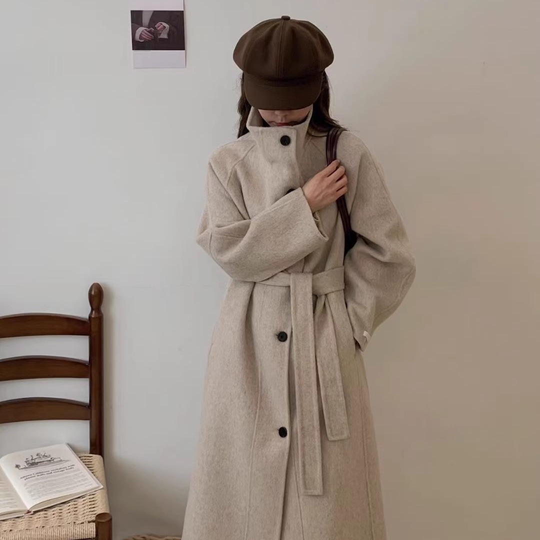 冬用のオーバーサイズでゆったりとしたロング両面ウールコート袖は広めでベルト付きとても厚手で暖かい韓国風