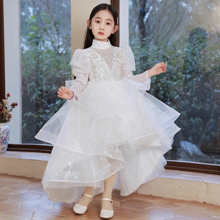 ピアノ発表会ドレス ロングドレス 白 子供ドレス 立ち襟 フリル プリンセスドレス 女児ドレス 前短後長 オシャレ ホワイトドレス パフスリーブ 長袖 キッズドレス 女の子 シャンパン色 演奏会ドレス