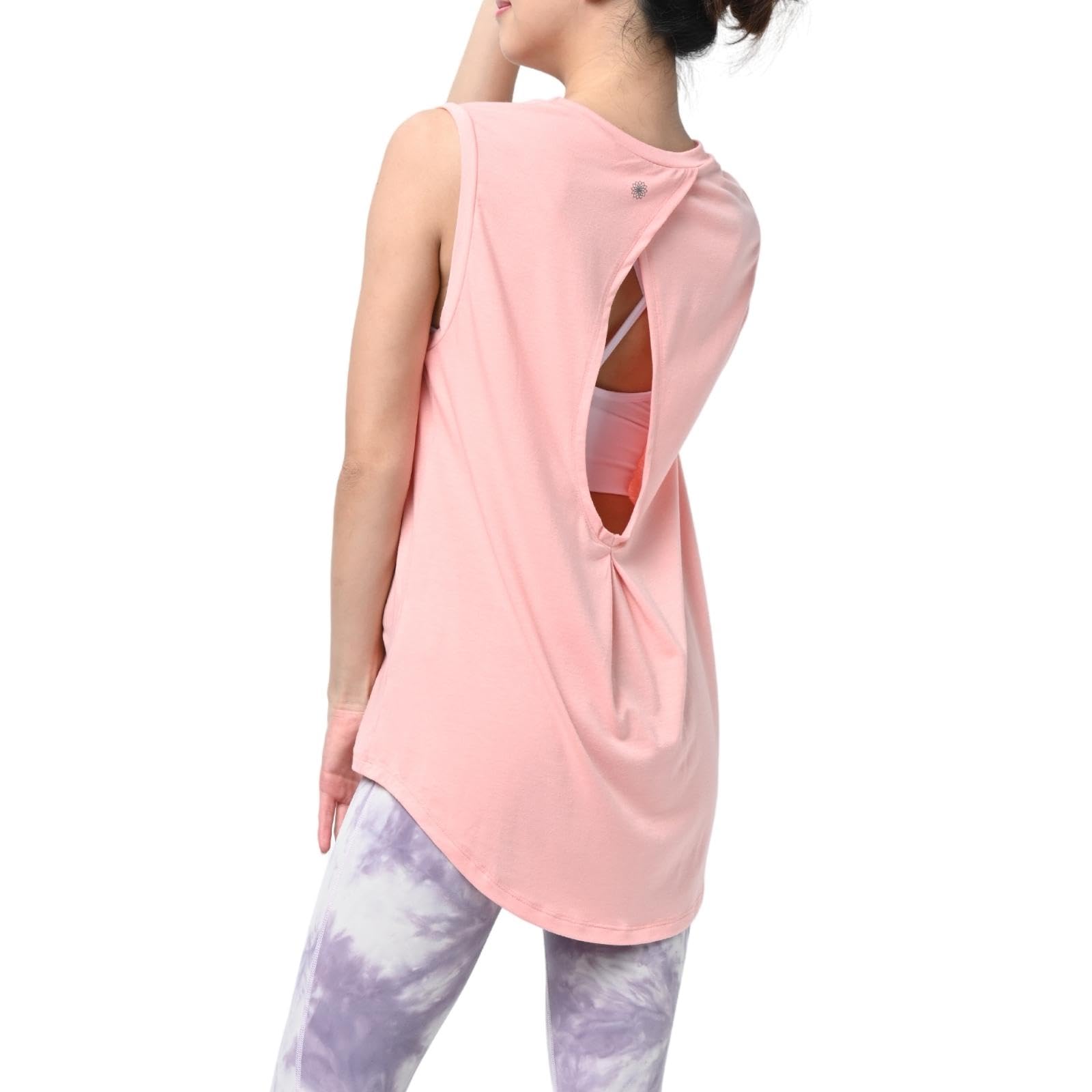 [machikaada] ヨガウェア レディース トップス タンクトップ ロング丈 丈長 体型カバー バックデザイン ストレッチ おしゃれ かわいい ブランド 631 (サーモンピンク, Ｆ)