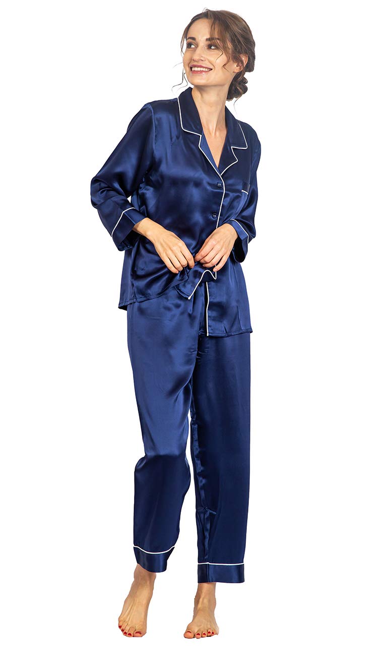 [kurevy] レディース シルクパジャマ ネイビー S 上下セット 高級シルク100% 6Aランク 前開き 長袖 静電気防止 敏感肌・乾燥肌にお勧め 日本メーカー国内検品検査済み (ネイビー, S