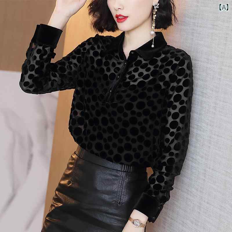 レディース シャツ ブラウス トップス 長袖 ポロ襟 水玉 保温性 フェミニン エレガント シック おしゃれ オフィス ビジネスカジュアル 外出着 授業参観 食事会 裏起毛