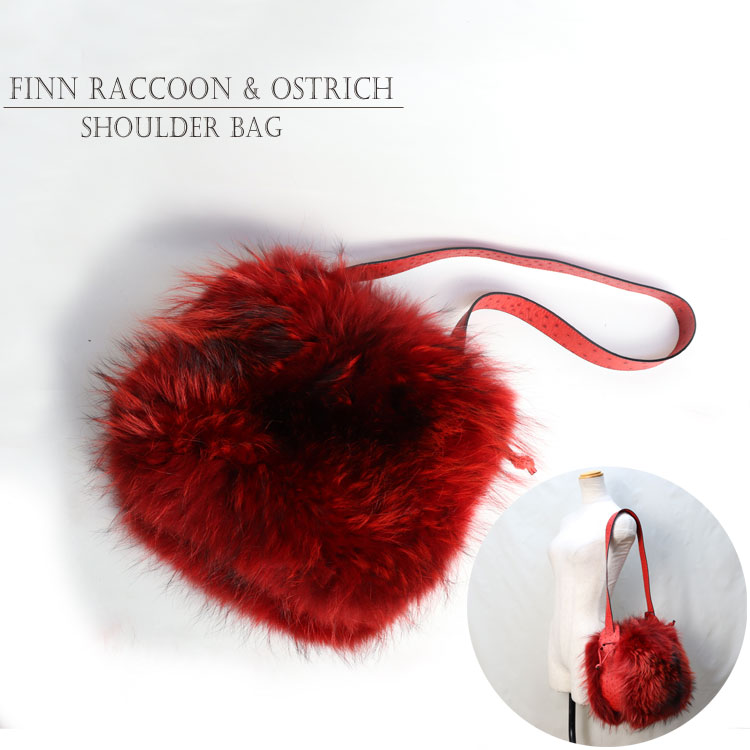フィンラクーン ファー オーストリッチ レザー ショルダー バッグ レッド レディース 送料無料 ギフト プレゼント