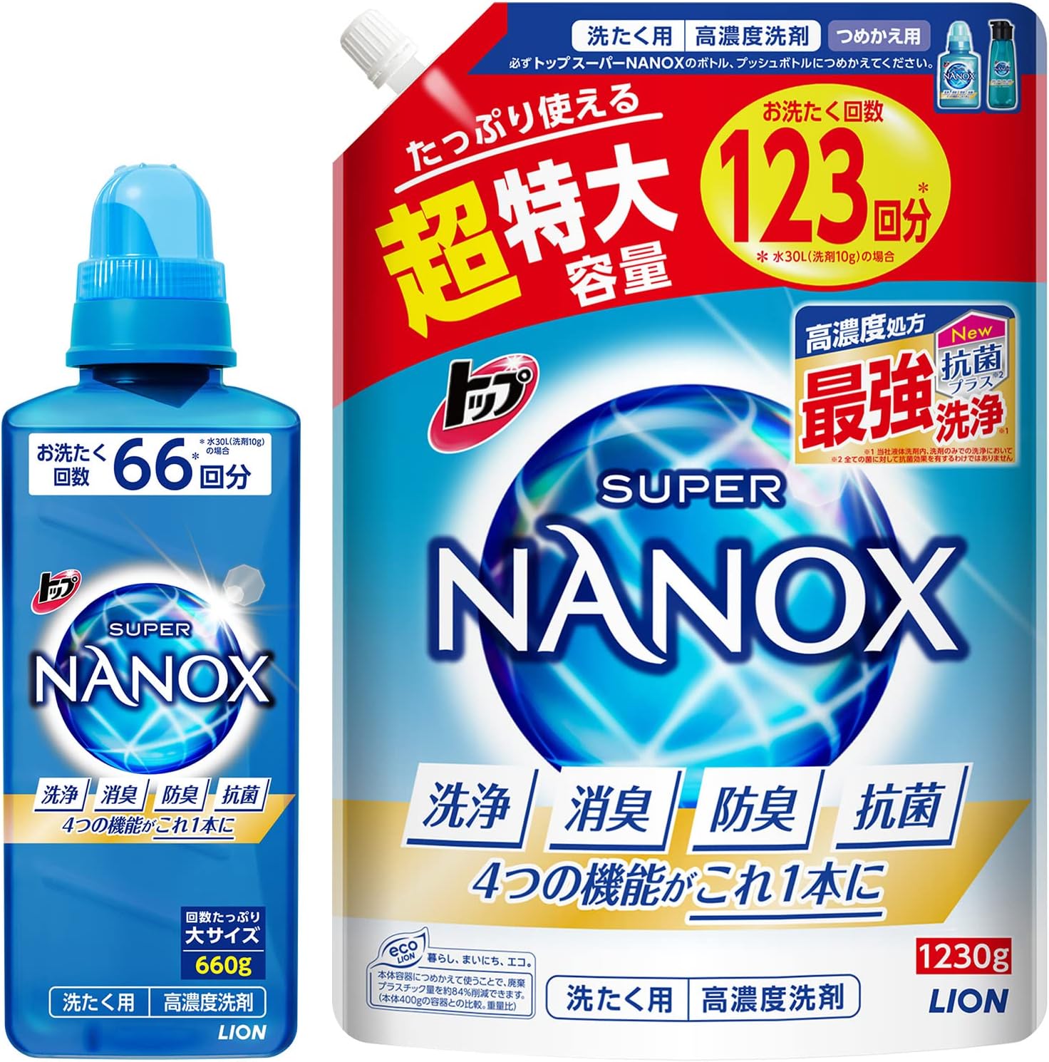 トップ ナノックス NANOX まとめ買い 大容量 トップ スーパーナノックス 蛍光剤・シリコーン無添加 高濃度 洗濯洗剤 液体 本体大ボトル 660g+詰め替え 超特大1230g