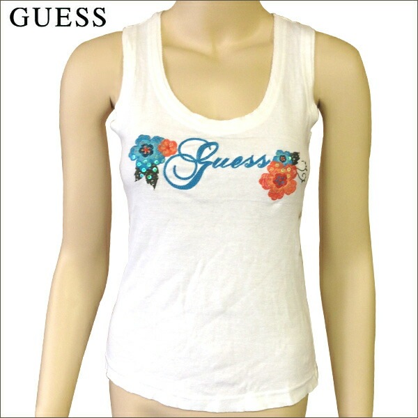 レディース　スパンコール　刺繍　タンクトップ　ホワイト