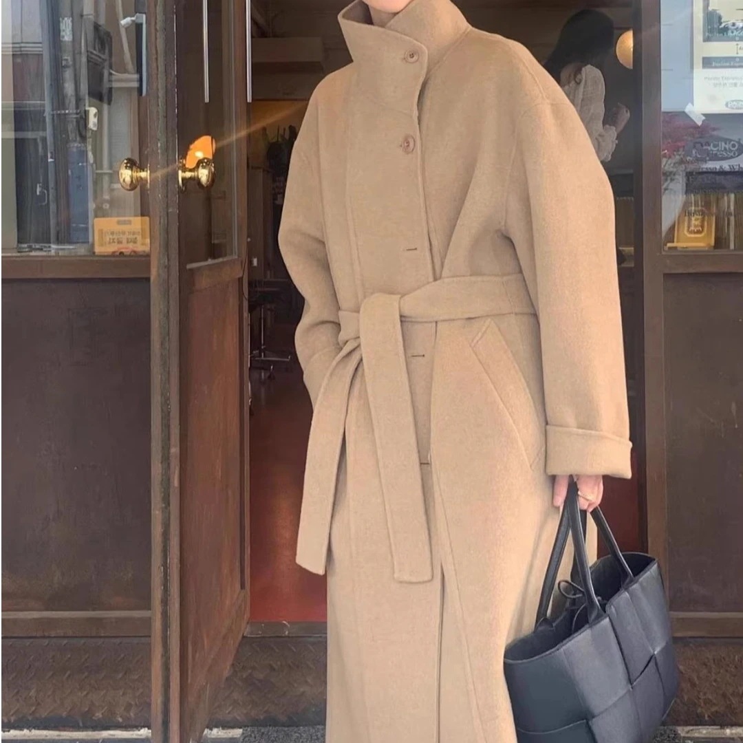 コートロングコートレディース韓国風丈無地長袖コートス襟シンカジュアル秋冬