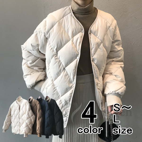 【即納】キルティング コート レディース ノーカラー ショート丈 中綿コート アウター ベーシックジャケット あたたかい 大きいサイズ S M L 軽い 温かい 軽量 おしゃれ ミディアム シルエ