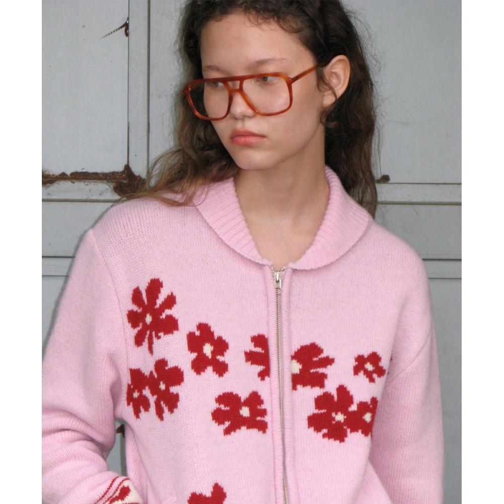 SINOON フラワーニットジップアップ (ピンク)
