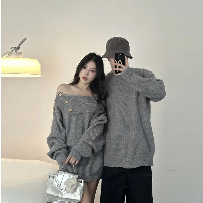 トップス メンズ レディース セーター ニット ペアルック リンクコーデ お揃い 長袖 グレー ニットワンピース ニットワンピ 秋冬 クリスマス 誕生日 プレゼント お友達 おしゃれ デート 可愛い