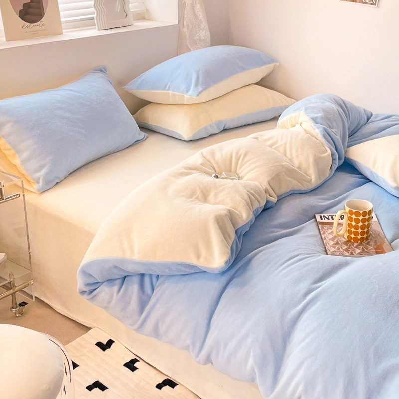 新しい厚手の無地ダブルトーンミルクフリース4点セット冬用スノーフレークフリースコーラルフリースベッドシーツとフィットシーツ3点セット