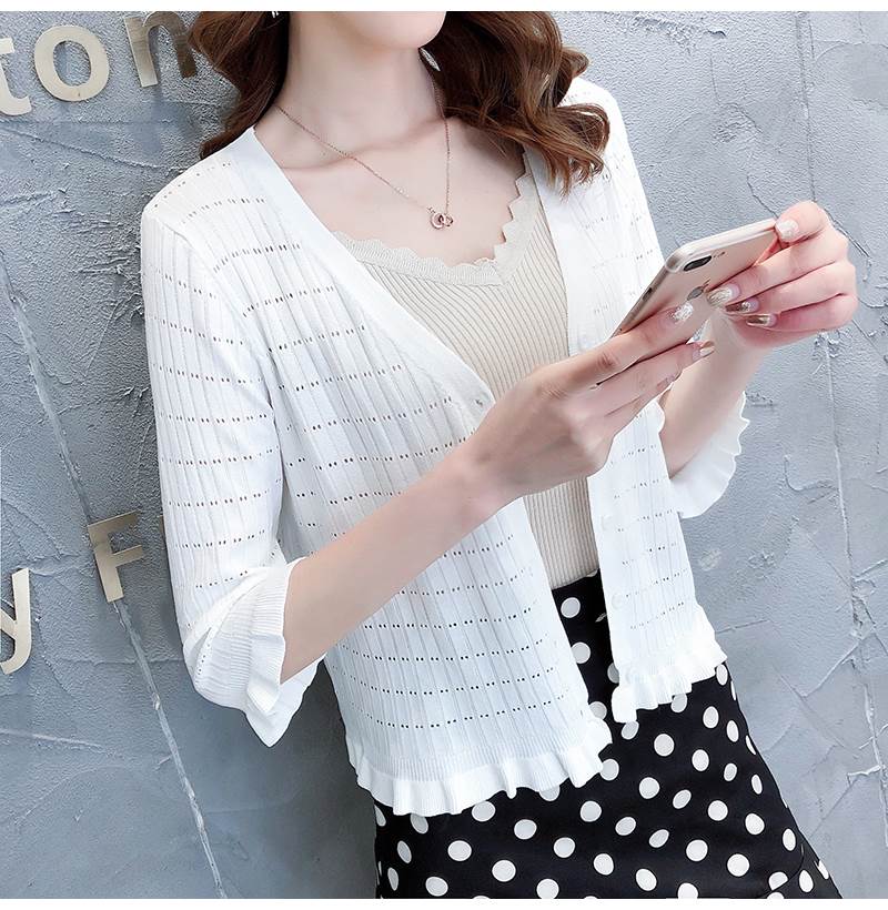 Vネック ショート丈 カーディガン トップス ショート 袖あり 7分袖 七分袖 襟なし フリル リブ 前開き リブニット 編み込み 透け感 ニット サマーニット かわいい 大人可愛い きれいめ シンプ