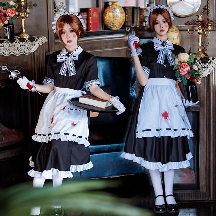 ハロウィン コスプレ メイド服 レディース 大人 コスチューム 仮装 女の子 セットアップ 6点セット エプロン ワンピース 大きいサイズ 暗殺者 メイド キラー おもしろ 変装グッズ 女装 ハロウイ