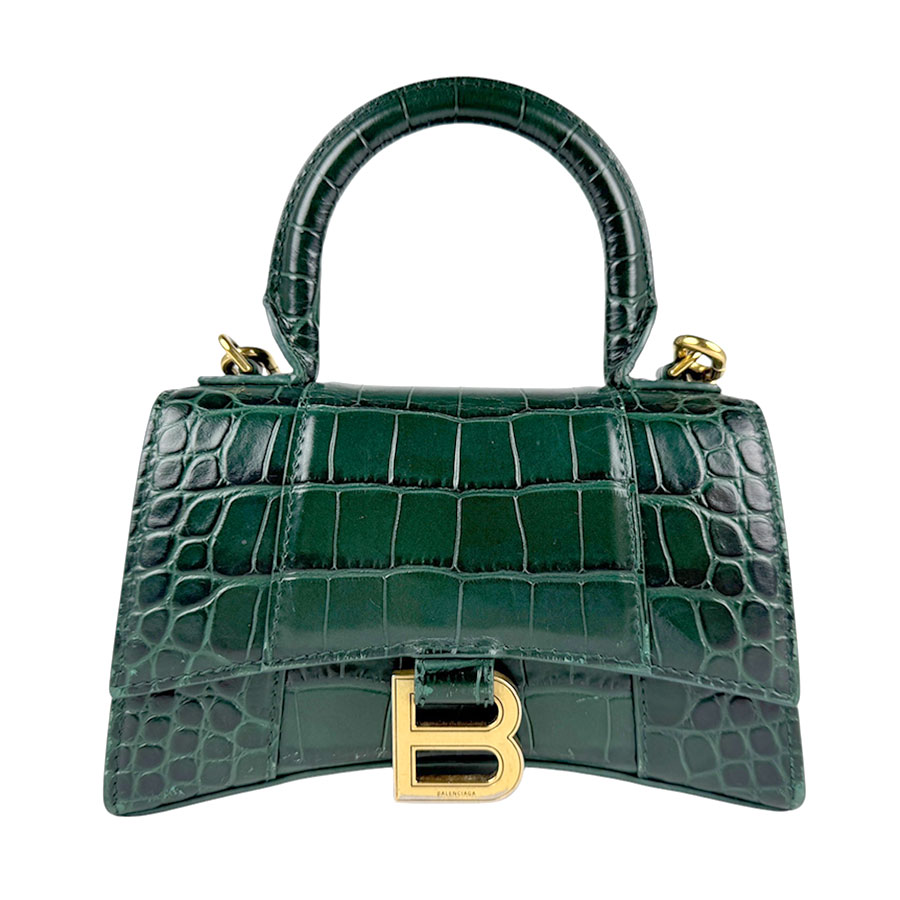 バレンシアガ BALENCIAGA ハンドバッグ 斜め掛けショルダーバッグ Hourglass Top Handle 型押しレザー ダークグリーン ゴールド レディース z4321