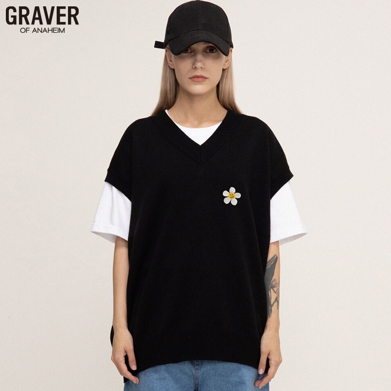 [UNISEX]フラワー刺繍ニットベスト_black