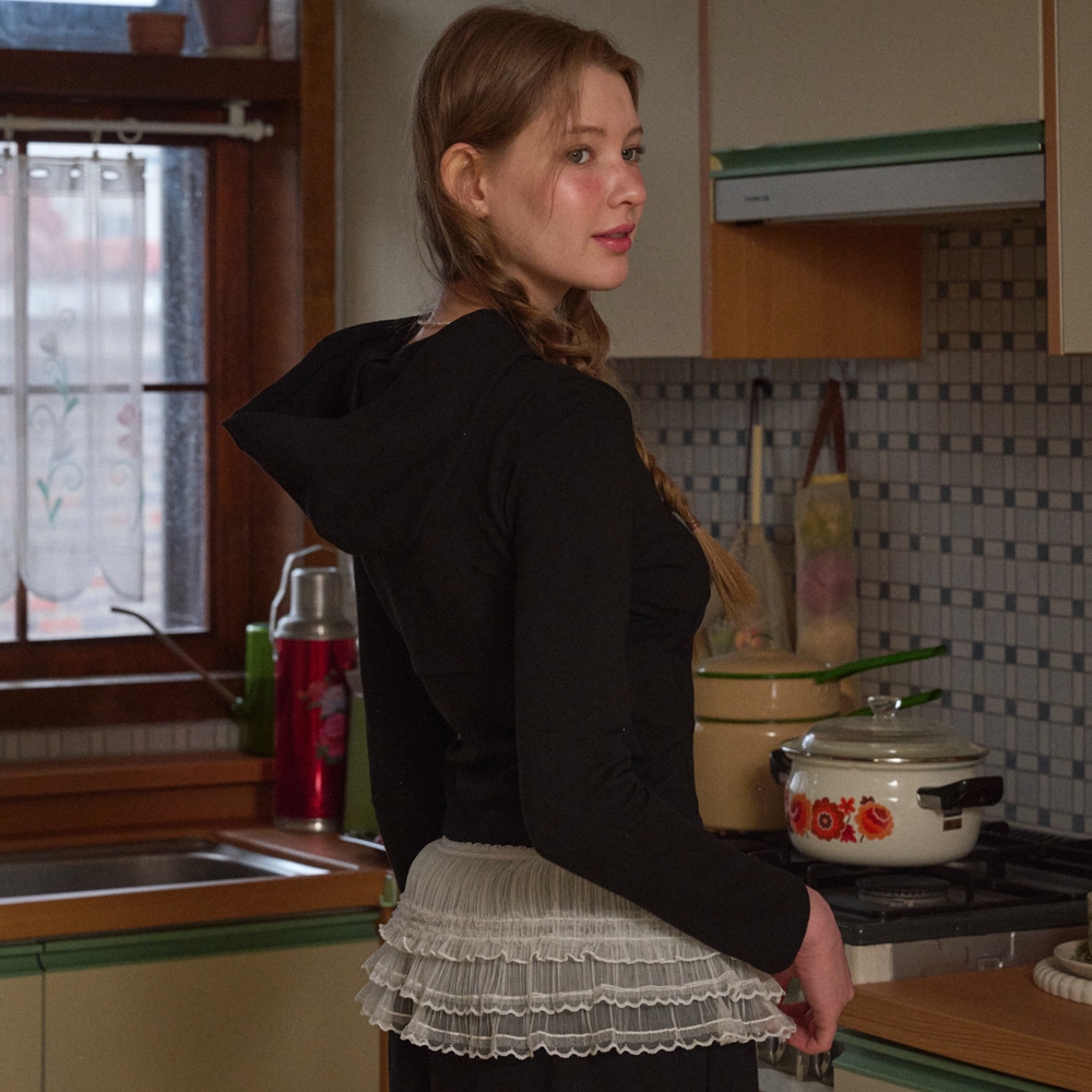 Corset shirring hoodi [Black]