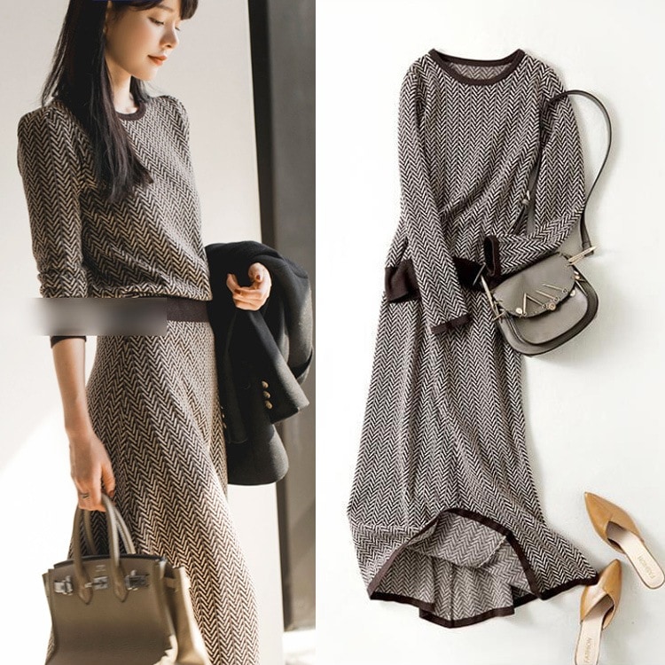 40代 秋冬 長袖 ニットトップス タイトスカート セットアップ オシャレワンピース 着痩せ 上品 通勤 入学式 卒業式