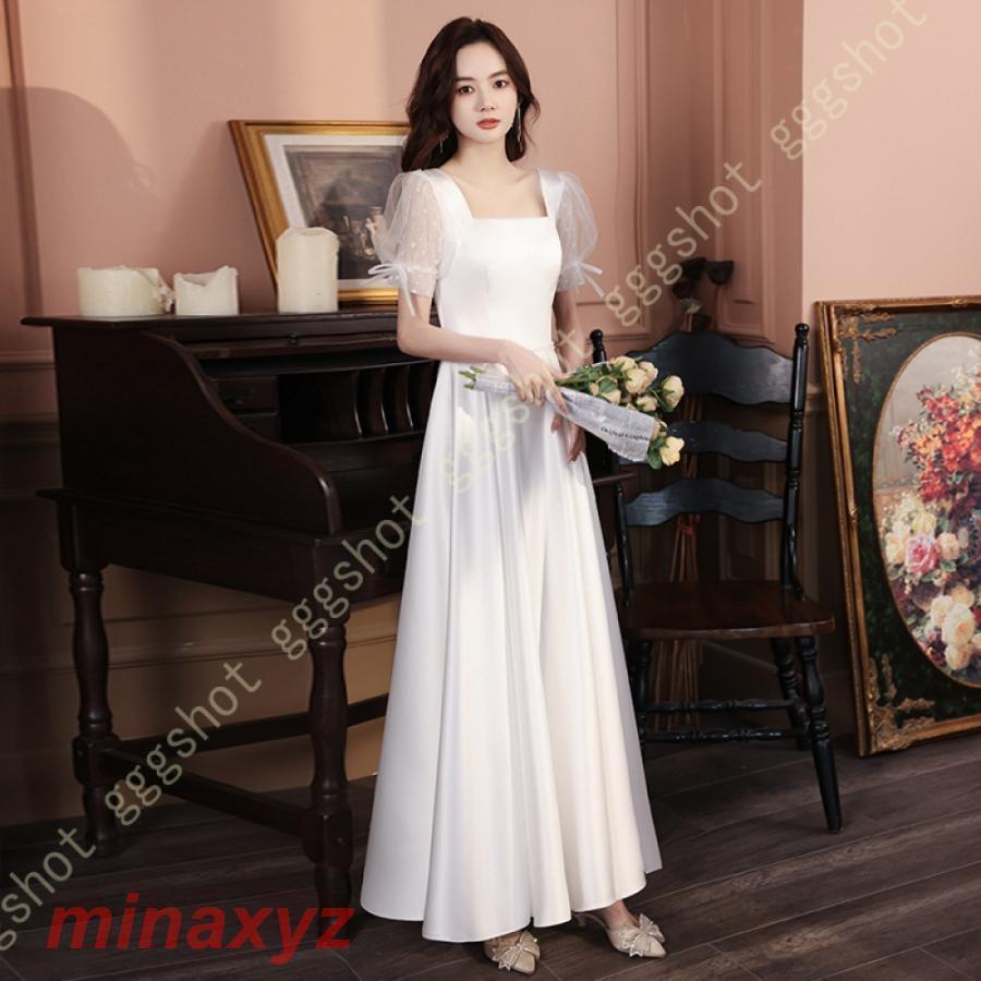 新品追加 エレガント カラードレス レディース イブニングドレス 半袖 ロングドレス 大きいサイズ パフスリーブ 結婚式ドレス 無地 シンプル 花嫁ドレス フォーマル