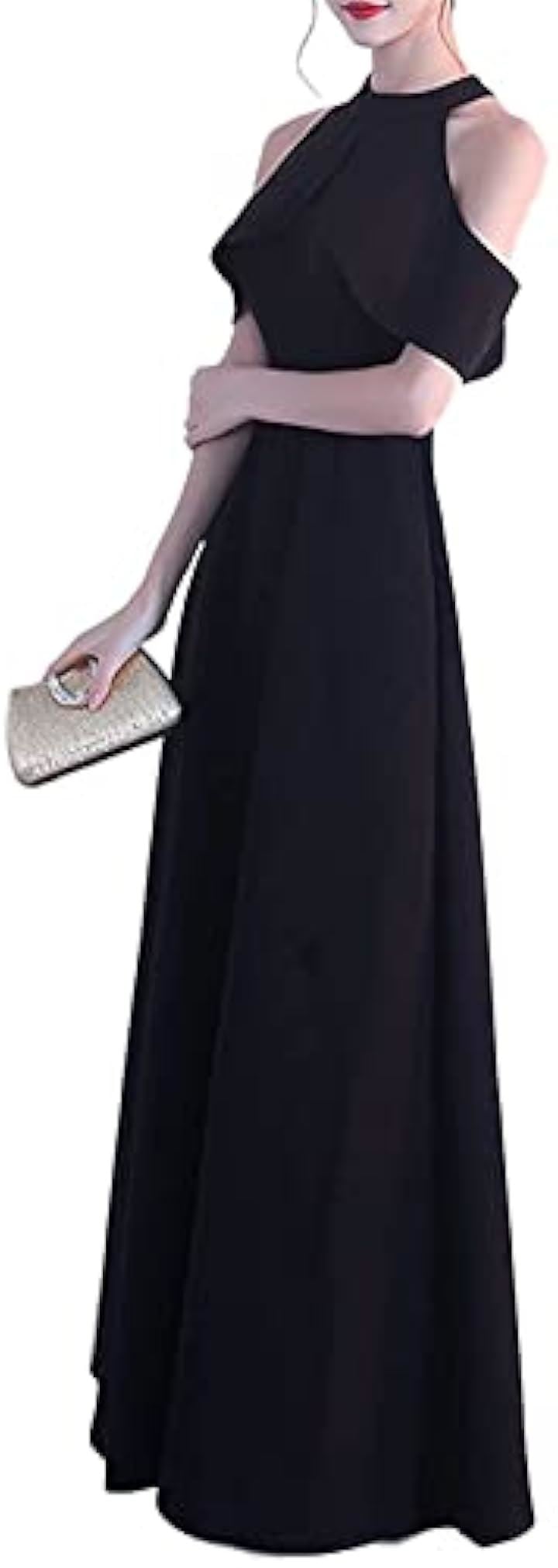 ゆったり Aライン ロングドレス ハイウエスト キャバドレス フレアスカート 上品 清楚 ホルターネック 結婚式 変形 個性的 袖なし ノースリーブ 大きいサイズ( ブラック, S)