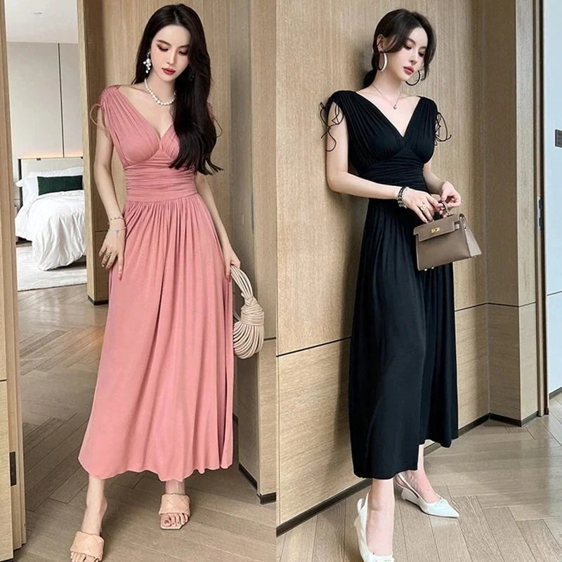 パーティードレス Vネック ロング丈 上品 光沢 ワンピース 全2色 セール】フロントフリルVネック フレア ロング 結婚式