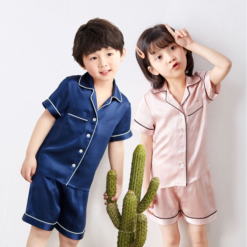 パジャマ 100%シルク 子供 19匁 キッズ ルームウェア 上下セット 女の子 男の子 半袖 ハーフパンツ 通気快感 ネイビー ピンク お揃い 子供服 前開き 部屋着 G2201009
