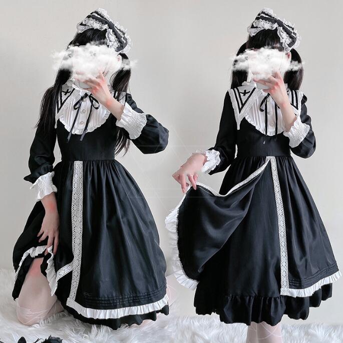 ゴシック ロリータワンピース 膝丈 暗黒 レトロドレス ハロウィン コスプレ衣装 ゴスロリ Lolita マリン風 コスチューム セーラーカラー 学園祭 文化祭 イベント cosplay