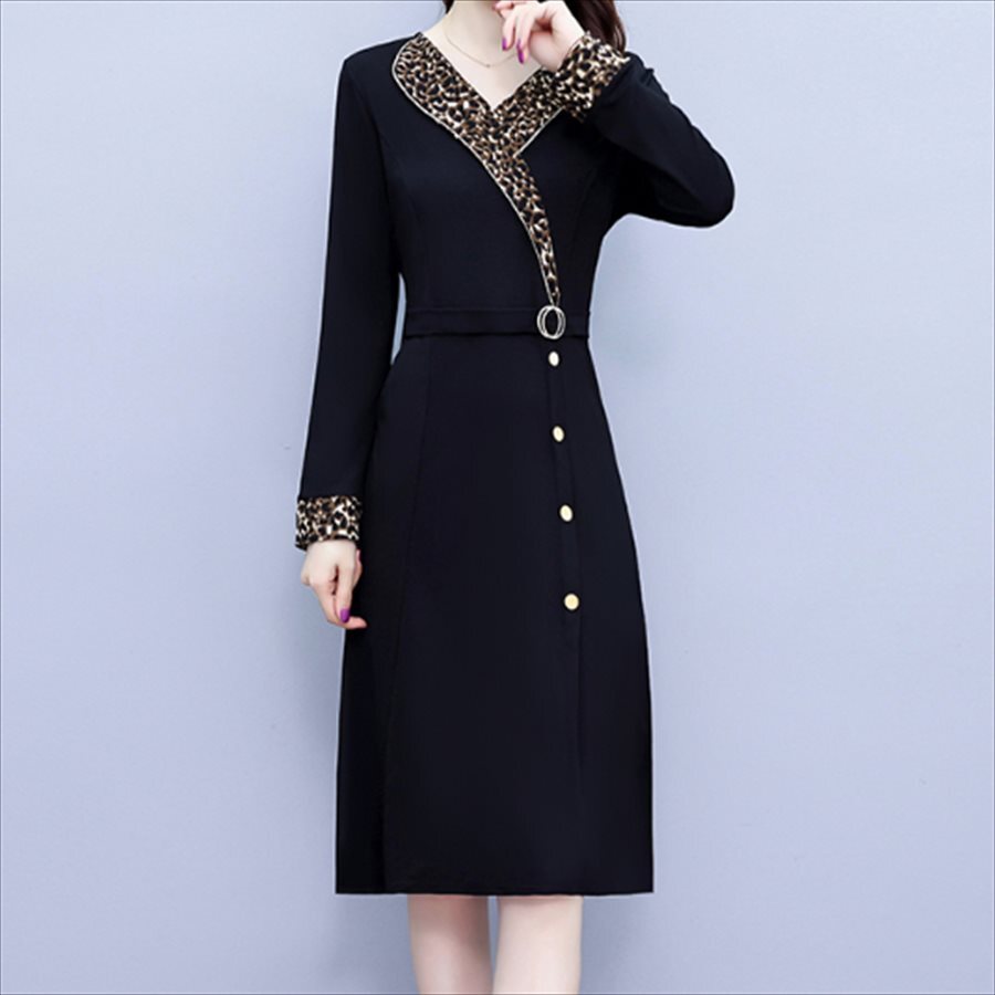 ロングドレス ドレス dress 衣装 ワンピース パーティードレス パーティドレス ロング ロング丈 ひざ丈 袖あり 長袖 Vネック Aライン フレア ヒョウ柄 レオパード エレガント