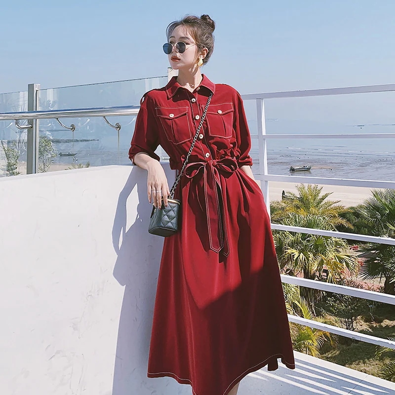 【緋月】 春 シャツワンピース 高級感 ワインレッド 赤 レディース ロングワンピース30%までに制限