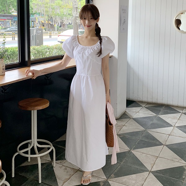 （リゾートルック／体型カバーフィット／ウエストリボン）キエラ Aライン パフスリーブ 半袖ロングワンピース op16119