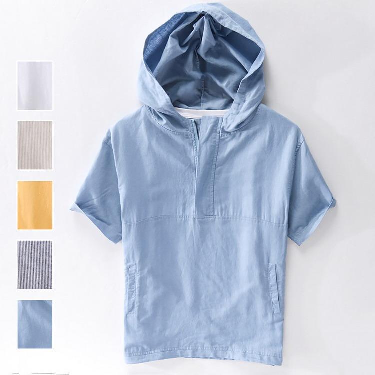 パーカー 綿麻パーカー プルオーバー 半袖パーカー 夏物 夏服 リネン コットン 無地 ハーフジップ メンズ