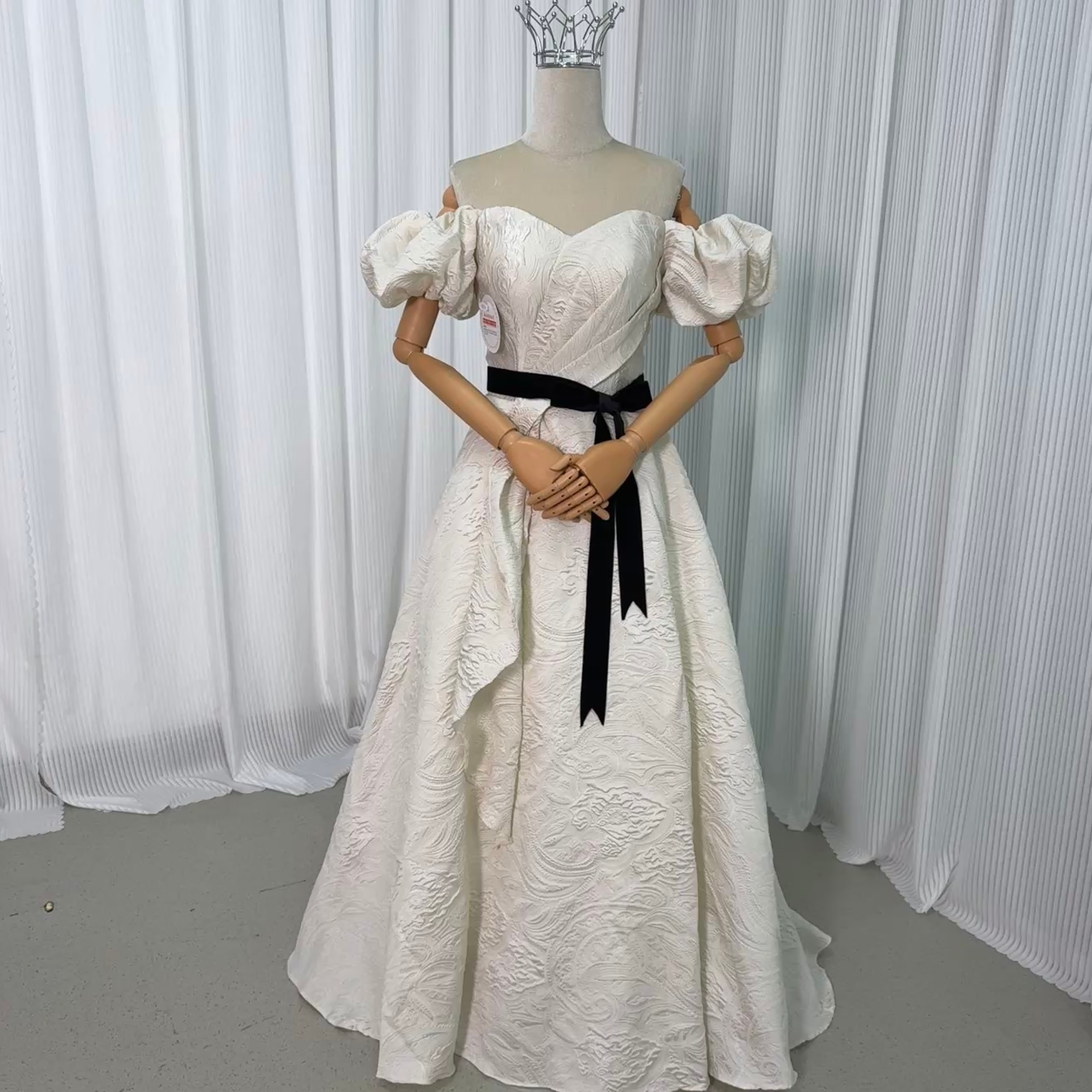 パーティードレス パフスリーブ オフショルダー サッシュベルト プリント模様 編み上げ 2次会