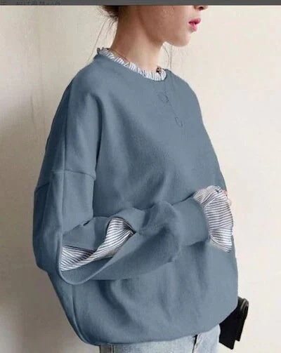 新作 Tシャツカットソー長袖ブラウス レースタイプ スウェット 切り替え クルーネックトップス