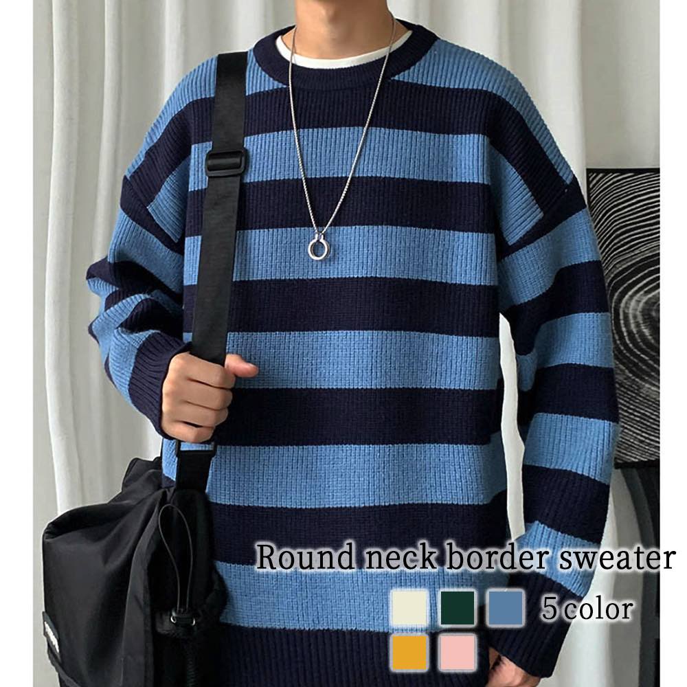 セーター メンズ ラウンドネックボーダーセーター 春 ゴルフ ノルディック タートルネック チェック ニット 白色 大きいサイズ フリース 厚手 リブ 洗える シニア ブランド トレーナー モード系
