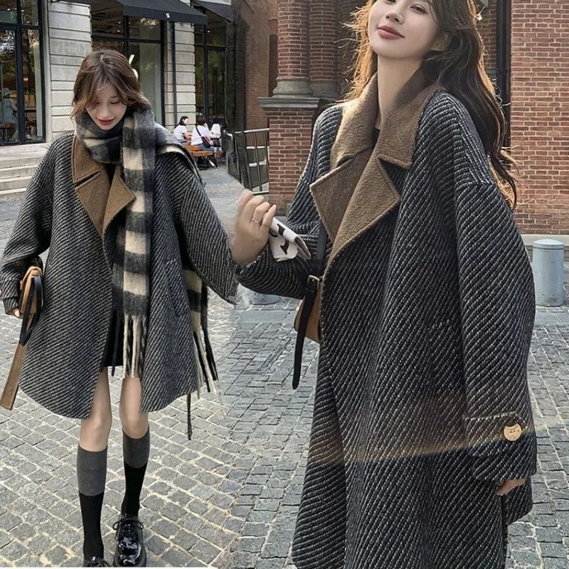 韓国ファッション コントラストカラーストライプラシャコート レディース 高級感気質 厚手 ロングチェスターコート 暖かい 防寒 体型カバー 大きいサイズアウター 冬 ジャケットトップス30%までに制限