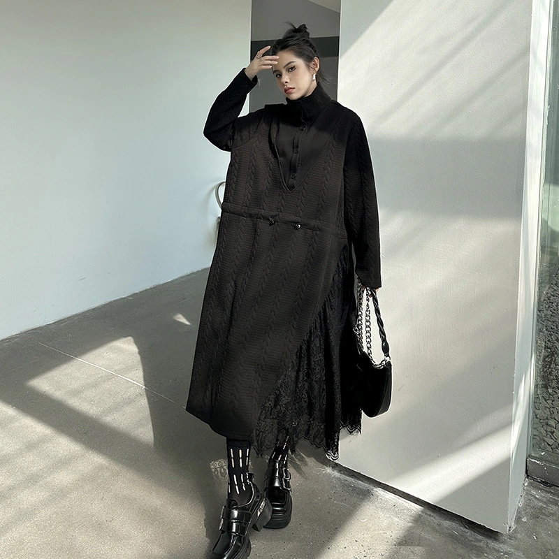 2025春 ロングワンピース レース ドッキング レトロ おしゃれ レディース ニットワンピース 関連商品購入可能
