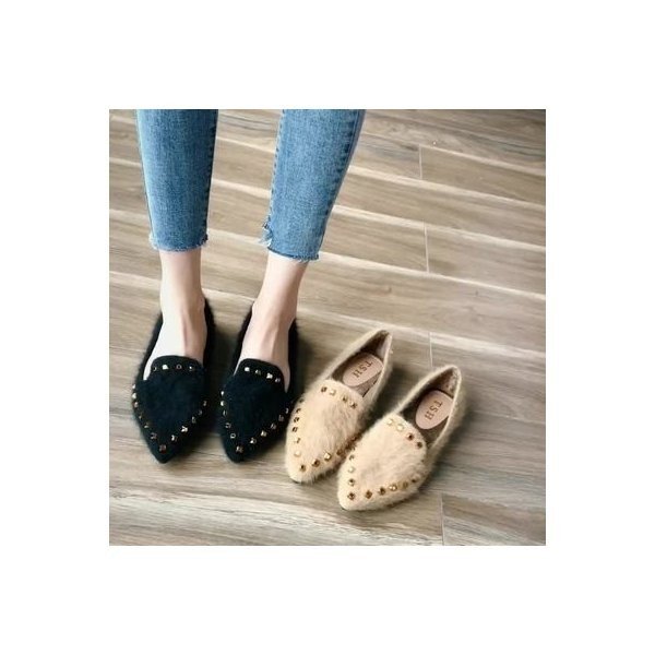 22新発 パンプスファースタッズフラットシューズレディース靴おしゃれトレンドファー上品wear Com