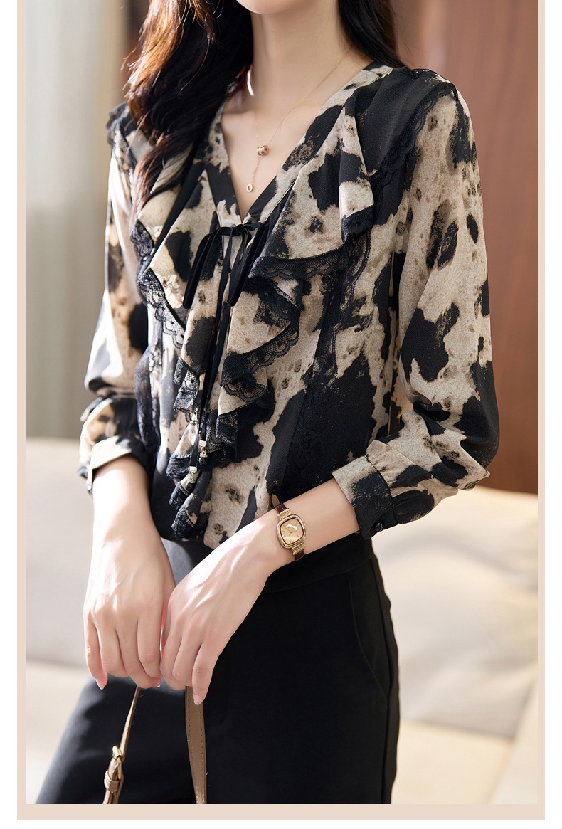 秋 エレガント カジュアル 個性的なデザイン Vネック シフォンシャツ ゆったりプリント スリム 長袖 トップス レディース 薄手 ブラック M L XL XXL トップス 袖あり かわいい