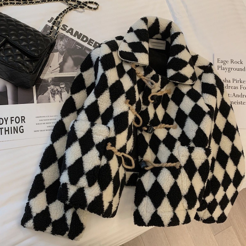 チェッカーボード柄 ラムウールコート ボアコートラムウールショート. ラムベルベット コート ジャケ